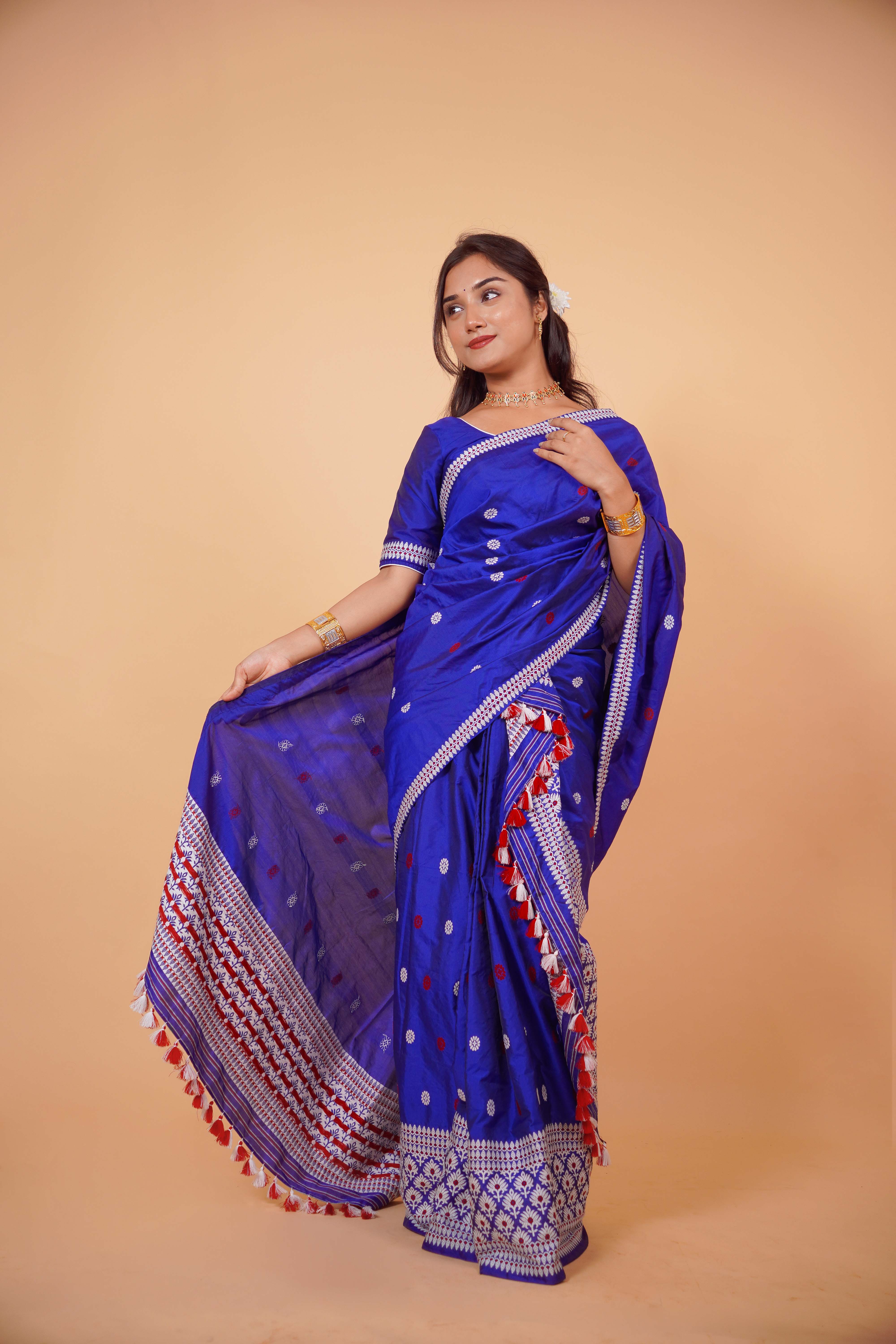 Assam Handmade Royal Blue Pat Silk Mekhela Chador